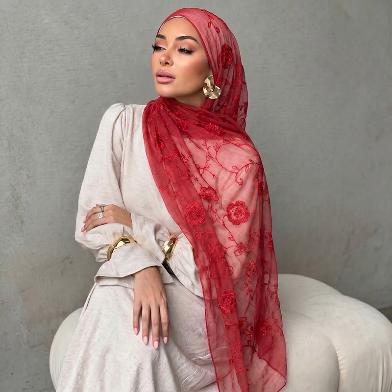 Embroidery Print - حجاب إسلامي مطرز بالزهور، وشاح شفاف