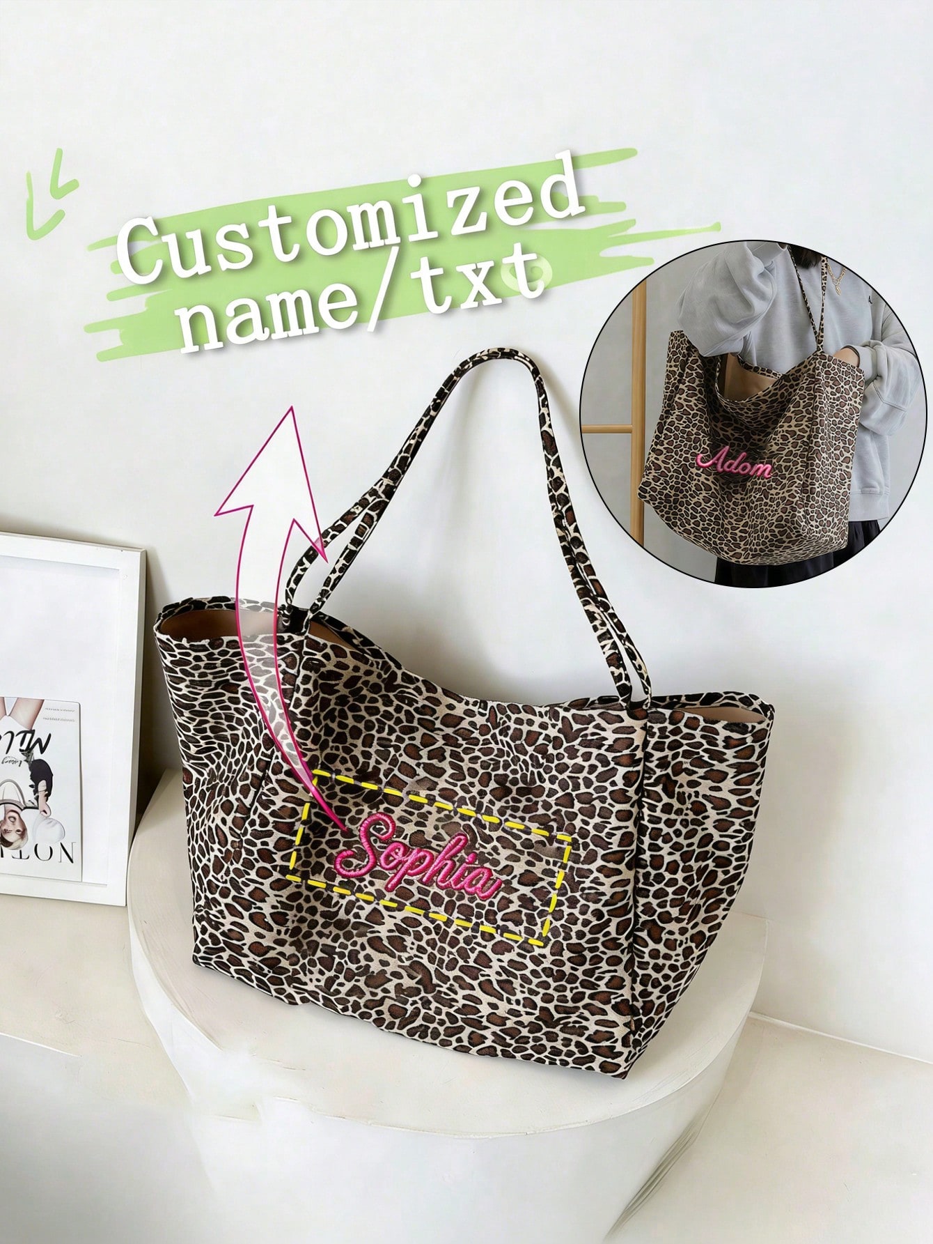 Embroidery Name - حقيبة يد نسائية كبيرة السعة بطبعة